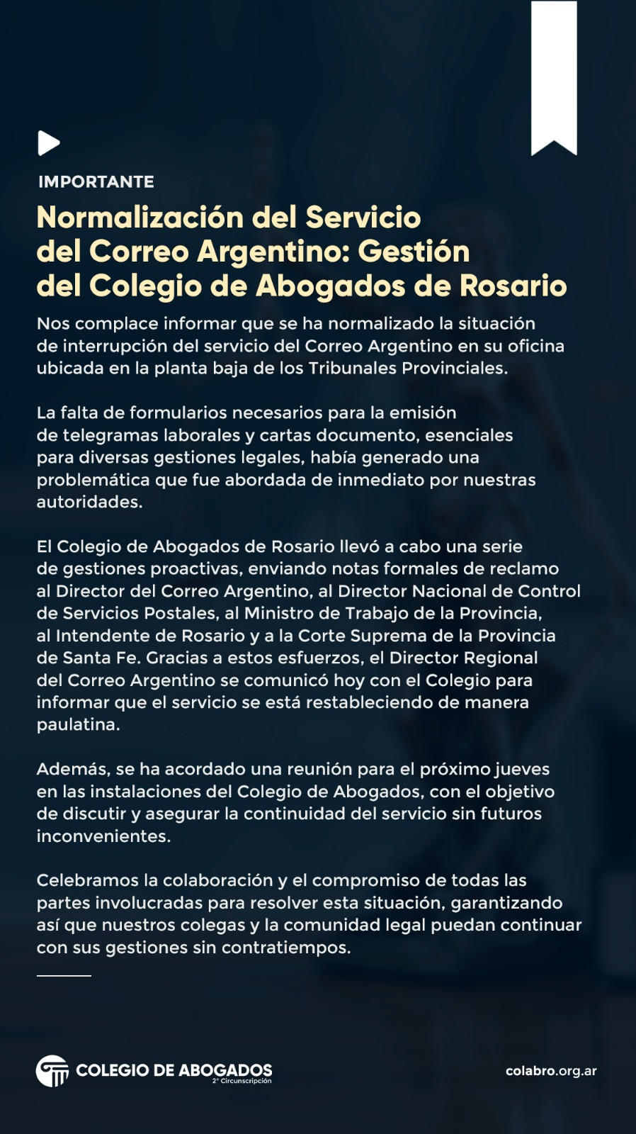 Normalización del Servicio del Correo Argentino: Gestión del Colegio de Abogados de Rosario